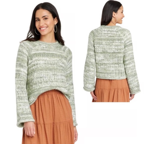 NWT Universal Thread Chunky Green & Cream Long Sleeve Knit Crewneck Swea… - Picture 1 of 12
